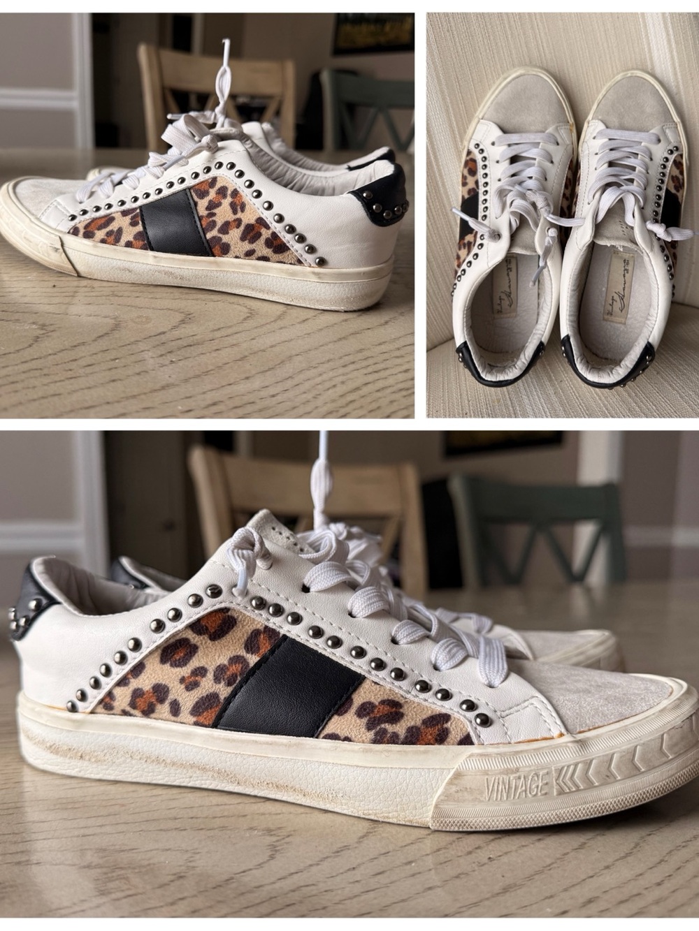 White Leather Women's Sneaker with Leopard Accent and Stud Detailing